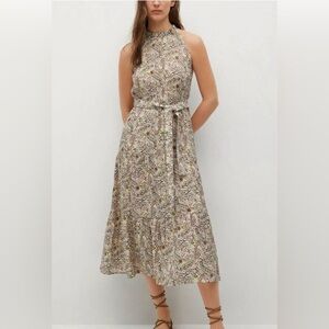 Mango Paisley Print Midi Dress in Cream and Brown